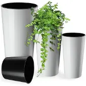 Kadax Set van 3 bloempotten + inzet witte bloemenstandaard hoge tuin 57cm