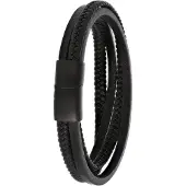 Lucardi Heren Blackplated armband gevlochten leer - Leer - Armband - Vaderdag Cadeautje - 22 cm - Zwart