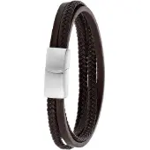 Lucardi Heren Armband bruin gevlochten leer - Leer - Armband - Vaderdag Cadeautje - 21 cm - Zilverkleurig