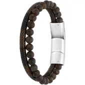 Lucardi Heren Armband leer en steen bruin - Leer - Armband - Vaderdag Cadeautje - 20 cm - Zilverkleurig