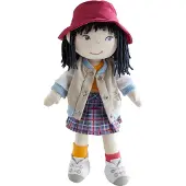 Haba 12" Zachte pop Yuki met zwart haar geborduurd gezicht Stijlvolle emmerhoed en kleding - Wasbare peuterbabypop voor 18 maanden+