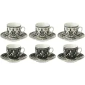 J-Line Doos met 6 koffiekopjes + schotels bladeren keramiek zwart/wit