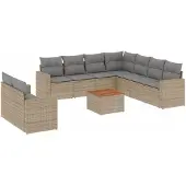 vidaXL 10-delige tuinmeubelset met kussens, beige, polyrotan