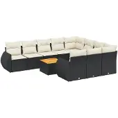 vidaXL 11-delige tuinmeubelset met kussens, zwart, polyrotan