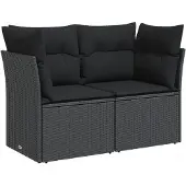 vidaXL Tuinbank met kussens 2-zits zwart poly rattan