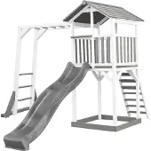 Axi Beach Tower Speeltoestel van hout in Grijs en Wit | Speeltoren met zandbak, klimrek en grijze Glijbaan | Speelhuis op palen voor de tuin