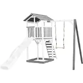 Axi Beach Tower Speeltoestel van hout in Grijs en Wit | Speeltoren met zandbak, schommel en witte Glijbaan | Speelhuis op palen voor de tuin