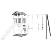 Axi Beach Tower Speeltoestel van hout in Grijs en Wit | Speeltoren met zandbak, dubbele schommel en witte Glijbaan | Speelhuis op palen voor de tuin