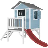 Axi Speelhuis Beach Lodge XL Blauw met rode Glijbaan | Speelhuis op palen met veranda gemaakt van FSC hout | Klein speeltoestel voor de tuin