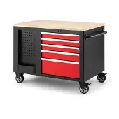 HBM verrijdbare gereedschapswagen, werkbank met houten werkblad 10 laden, rood zwart