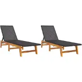 vidaXL Zonnebedden, 2 stuks, zwart/bruin, polyrotan, massief acaciahout