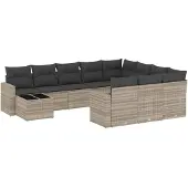 vidaXL 11-delige Loungeset met kussens poly rattan lichtgrijs