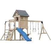 Axi Duncan Speeltoestel van Houten met 2 Schommels - Blauwe Glijbaan | Speeltoren / Speelhuis op Palen voor kinderen met Klimrekken, Monkey Bars, Trapeze & Picknickbank | Schommelrek voor in de Tuin