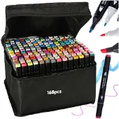 Pricenet Dubbelzijdige Alcoholmarkers 168-delig – Twinmarkers in Etui – Dual Tip Stiften met Dikke & Dunne Punt – Kleurstiften voor Tekenen, Handlettering & Bullet Journals