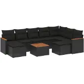 vidaXL 10-delige loungeset voor de tuin met kussens, zwart, polyrotan