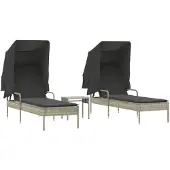 vidaXL Ligbedden 2 st met luifels en tafel poly rattan lichtgrijs