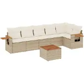 vidaXL 7-delige tuinmeubelset met kussens, beige, van polyrotan