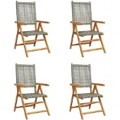 vidaXL 4-delige set verstelbare klapstoelen, grijs polyrotan en massief hout