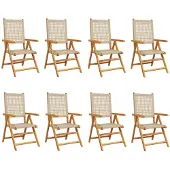 vidaXL 8-delige set verstelbare klapstoelen, beige, gemaakt van polyrotan en massief hout