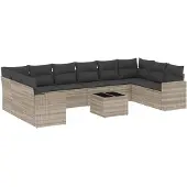 vidaXL 11-delige Loungeset met kussens poly rattan lichtgrijs