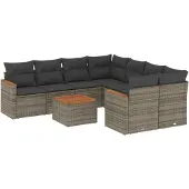 vidaXL 9-delige tuinmeubelset met kussens, grijs, polyrotan