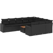 vidaXL 11-delige tuinmeubelset met kussens, zwart, polyrotan
