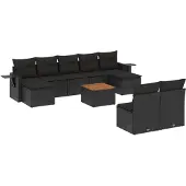 vidaXL 10-delige Loungeset met kussens poly rattan zwart