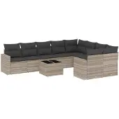 vidaXL 10-delige Loungeset met kussens poly rattan lichtgrijs