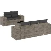 vidaXL 6-delige Loungeset met kussens poly rattan grijs