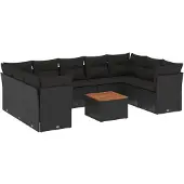 vidaXL 10-delige loungeset voor de tuin met kussens, zwart, polyrotan