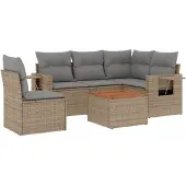 vidaXL 6-delige Loungeset met kussens poly rattan beige
