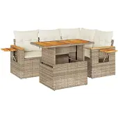vidaXL 5-delige tuinmeubelset met kussens, beige, polyrotan, acaciahout