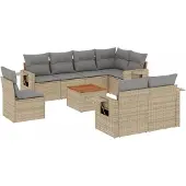 vidaXL 9-delige tuinmeubelset met kussens, beige, van polyrotan