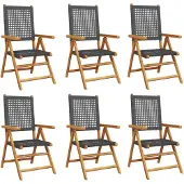 vidaXL 6-delige set verstelbare klapstoelen, zwart, gemaakt van polyrotan en massief hout