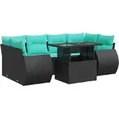 vidaXL 7-delige tuinmeubelset met kussens, zwart, polyrotan