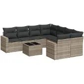 vidaXL 9-delige Loungeset met kussens poly rattan lichtgrijs