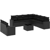 vidaXL 10-delige Loungeset met kussens poly rattan zwart