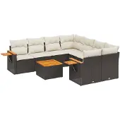 vidaXL 9-delige tuinmeubelset met kussens, zwart, polyrotan