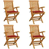 vidaXL Klapstoelen met rode kussens, 4 stuks, massief teakhout