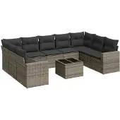 vidaXL 10-delige Loungeset met kussens poly rattan grijs
