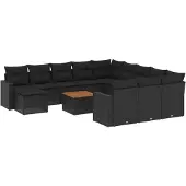 vidaXL 13-delige tuinmeubelset met kussens, zwart, polyrotan