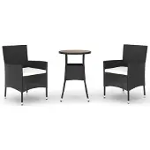 vidaXL 3-delige tuin-bistroset met kussens, zwart, polyrotan