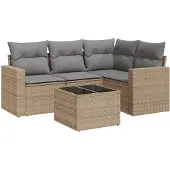 vidaXL 5-delige Loungeset met kussens poly rattan beige