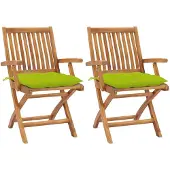 vidaXL Klapstoelen, 2 stuks, met lichtgroene kussens, gemaakt van massief teakhout