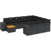 vidaXL 11-delige tuinmeubelset met kussens, zwart, polyrotan