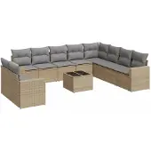 vidaXL 11-delige Tuinset met kussens poly rattan beige