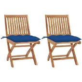 vidaXL Set van 2 klapstoelen met blauwe kussens, gemaakt van massief teakhout.