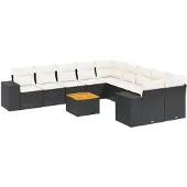 vidaXL 11-delige tuinmeubelset met kussens, zwart, polyrotan