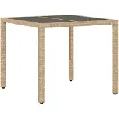 vidaXL Tuintafel met glazen blad 90x90x75 cm poly rattan beige