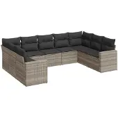 vidaXL 9-delige Loungeset met kussens poly rattan lichtgrijs
